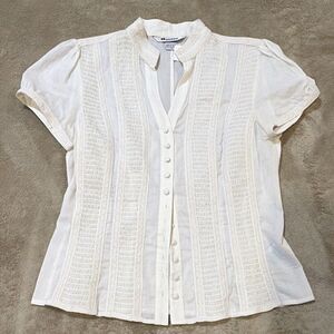 Women's White Linen Solid Woven Collared Short Sleeve Blouse Size Regular